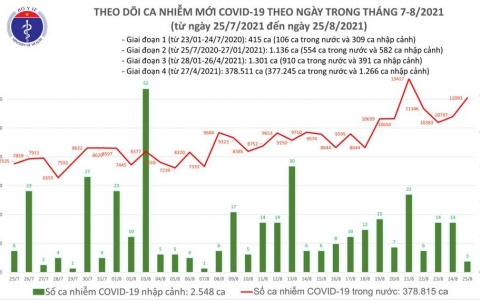 Ngày 25/8: Số ca mắc mới vượt 12.000, thêm 335 bệnh nhân COVID-19 tử vong