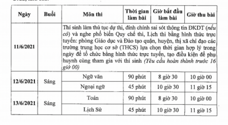 Lịch thi chính thức vào lớp 10 Hà Nội năm 2021