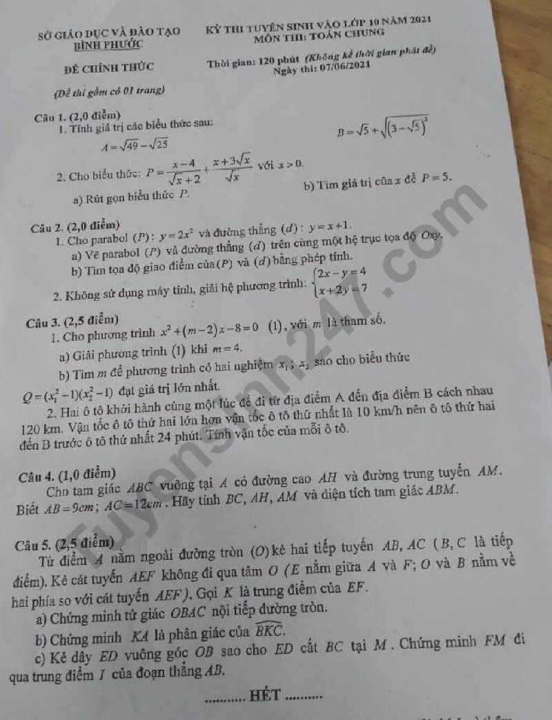 Đề thi vào lớp 10 môn Toán tỉnh Bình Phước năm 2021 - 2022