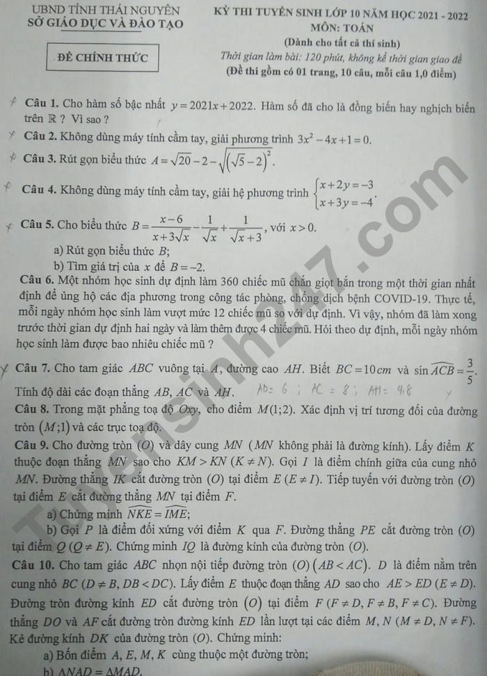 Đề thi môn Toán tỉnh Thái Nguyên năm học 2021 - 2022