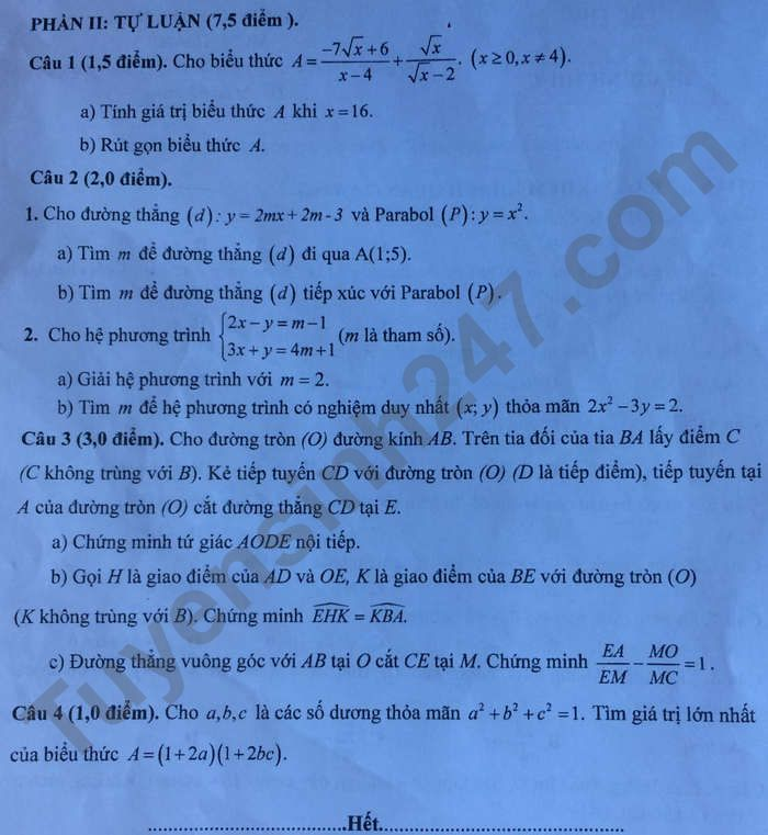 Đề thi vào lớp 10 môn Toán tỉnh Phú Thọ năm học 2021 – 2022