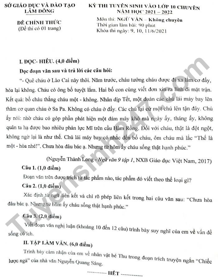 Đề thi vào lớp 10 môn Ngữ văn tỉnh Lâm Đồng năm học 2021 – 2022