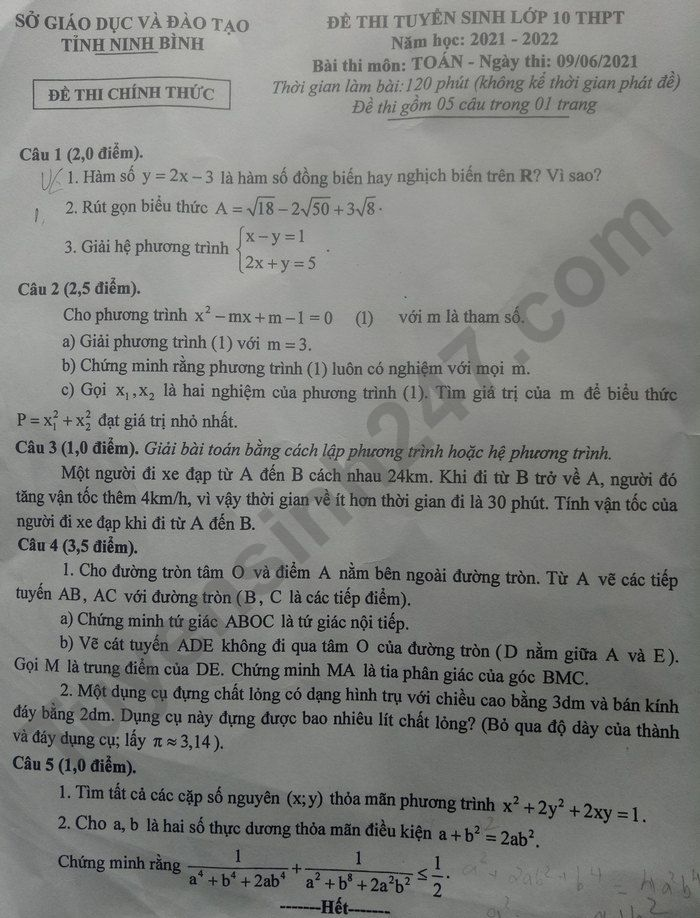 Đề thi vào lớp 10 môn Toán Ninh Bình năm học 2021