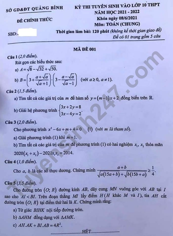 Đề thi vào lớp 10 môn Toán tỉnh Quảng Bình