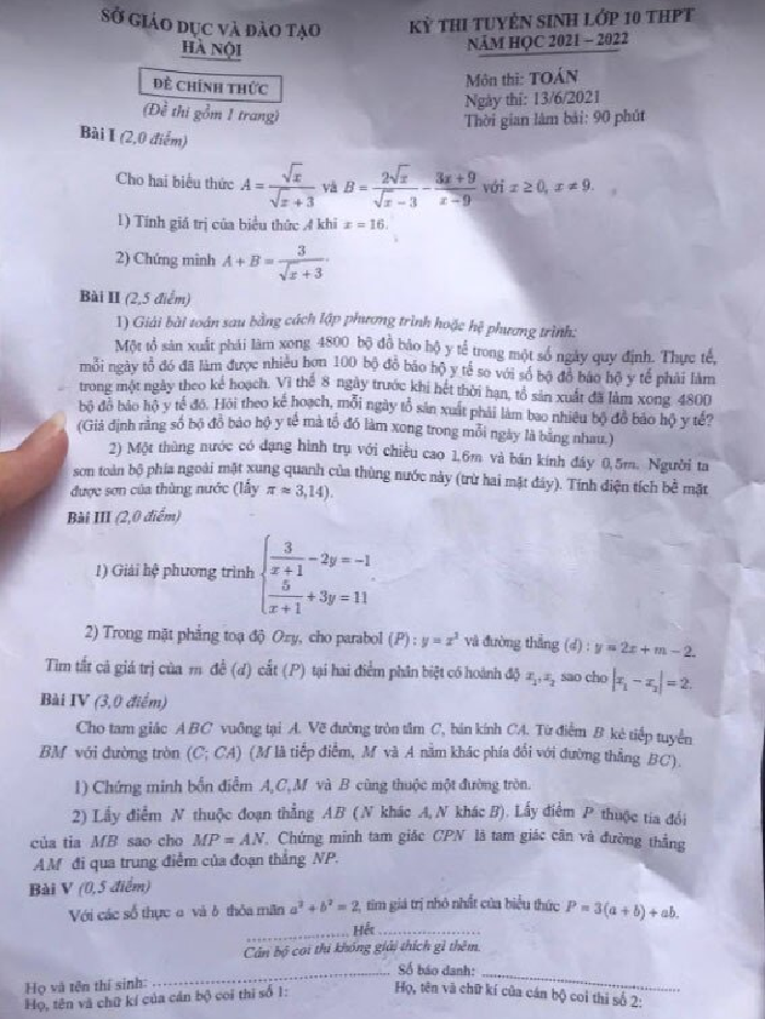 Đề thi vào lớp 10 môn Toán năm 2021 Hà Nội