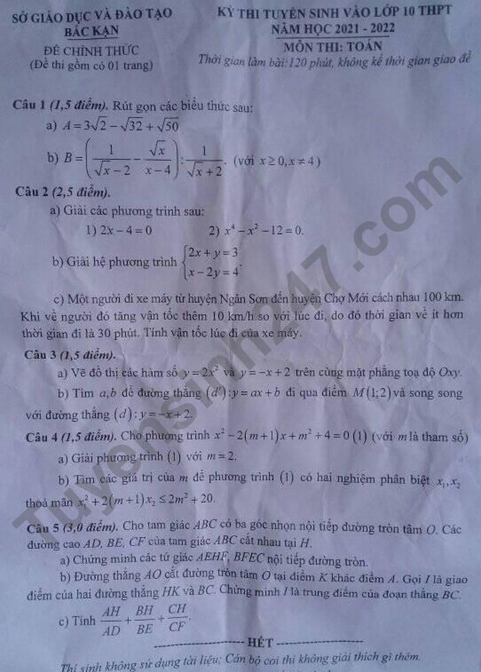 Đề thi vào lớp 10 môn Toán năm 2021 Bắc Kạn