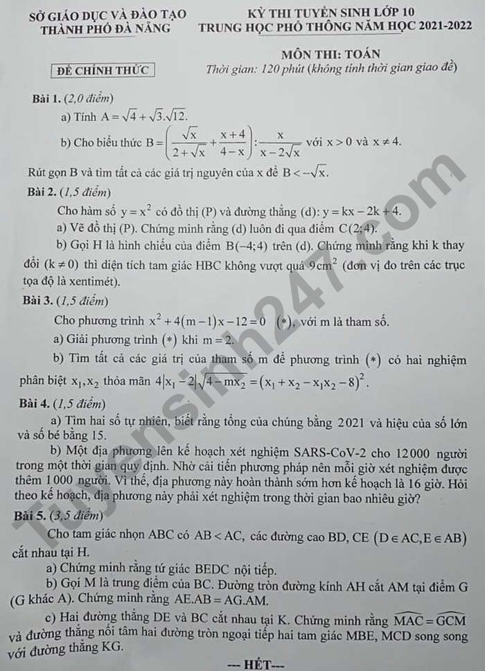 Đề thi vào lớp 10 môn Toán năm 2021 TP. Đà Nẵng