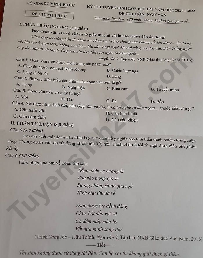 Đề thi vào lớp 10 môn Ngữ văn năm 2021 tỉnh Vĩnh Phúc