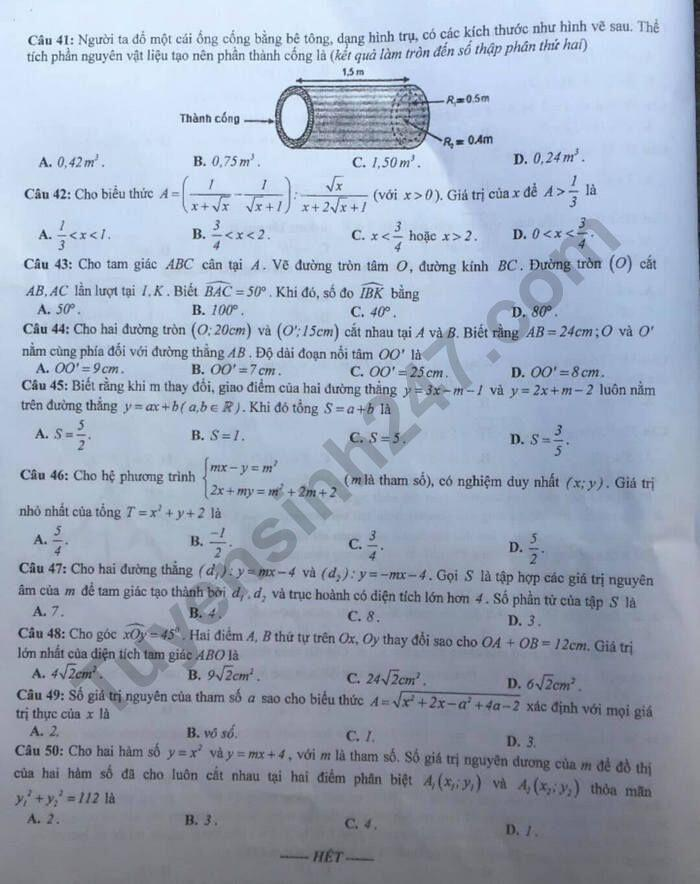 Đề thi vào lớp 10 môn Toán năm 2021 tỉnh Hưng Yên