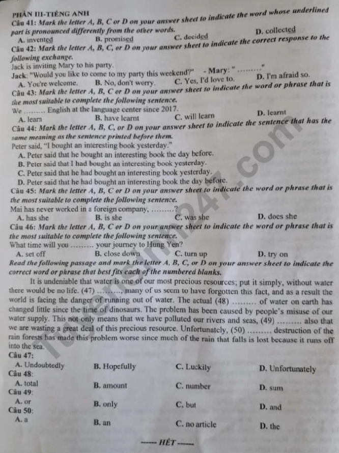 Đề thi vào lớp 10 môn Tổng hợp năm 2021 tỉnh Hưng Yên