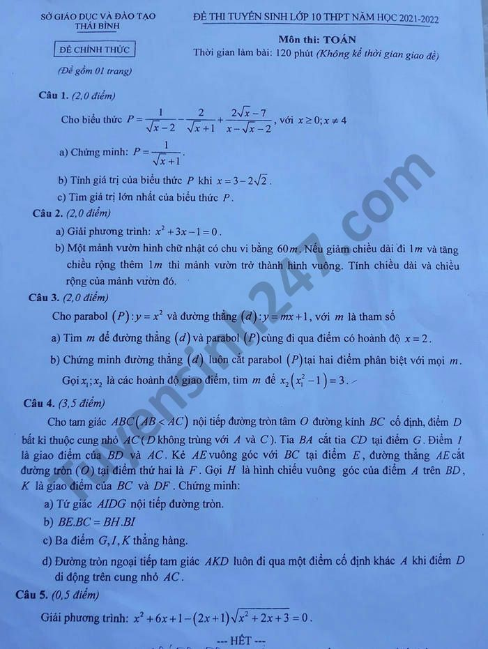 Đề thi vào lớp 10 môn Toán năm 2021 tỉnh Thái Bình