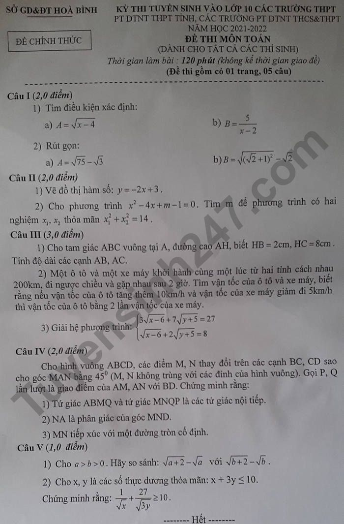 Đề thi vào lớp 10 môn Toán năm 2021 tỉnh Hòa Bình