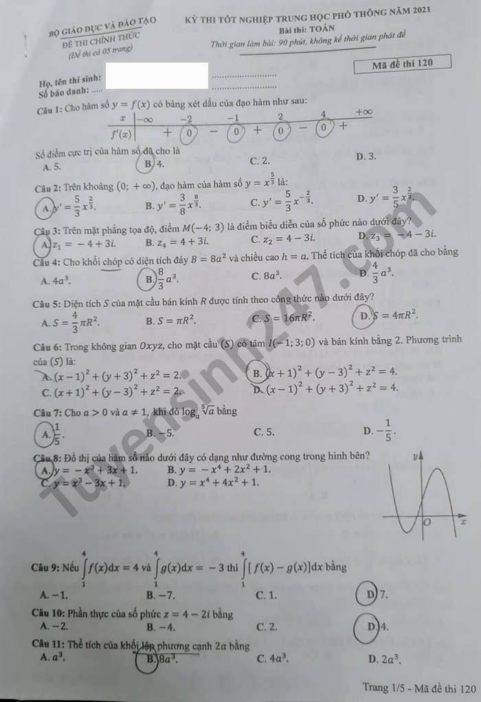 Đề thi môn Toán THPT Quốc gia 2021 mã đề 120