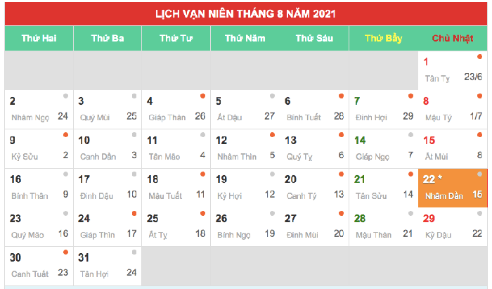 Lịch vạn niên tháng 8 năm 2021