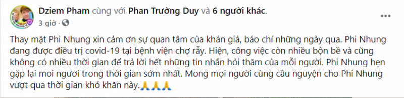 Quản lý của ca sĩ Phi Nhung đăng tải trên nội dung trên trang cá nhân (Ảnh chụp màn hình)