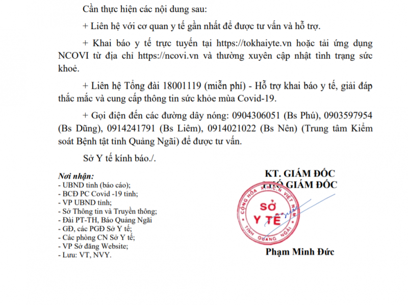 Thông báo khẩn số 55 của Sở Y tế Quảng Ngãi