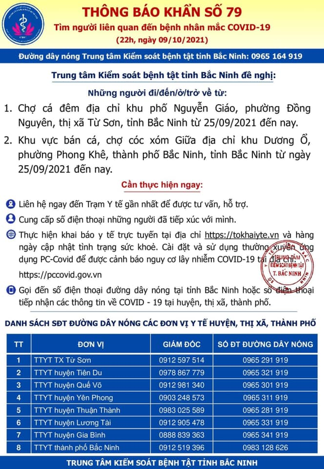 Thông báo khẩn số 79 của CDC Bắc Ninh