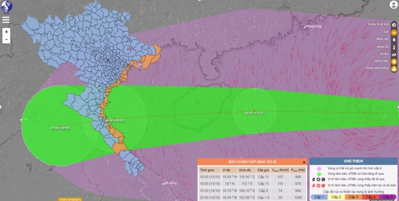 Dự báo vùng bị tác động của bão số 8