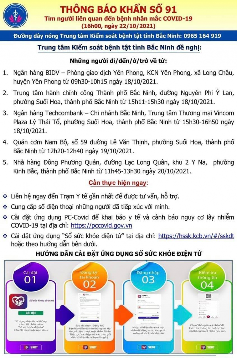 Thông báo khẩn số 91 của Trung tâm Kiểm soát bệnh tật tỉnh Bắc Ninh