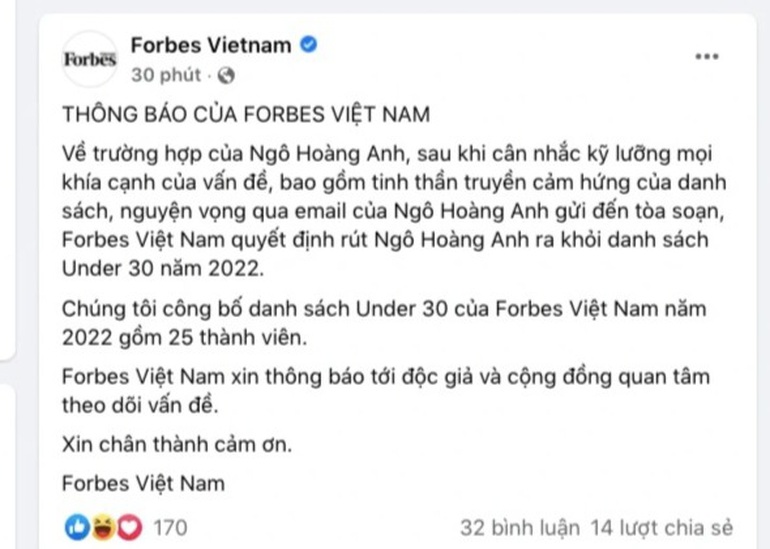 Thông báo của Forbes Việt Nam rút Ngô Hoàng Anh khỏi danh sách Under 30 năm 2022 (Ảnh chụp lại màn hình).