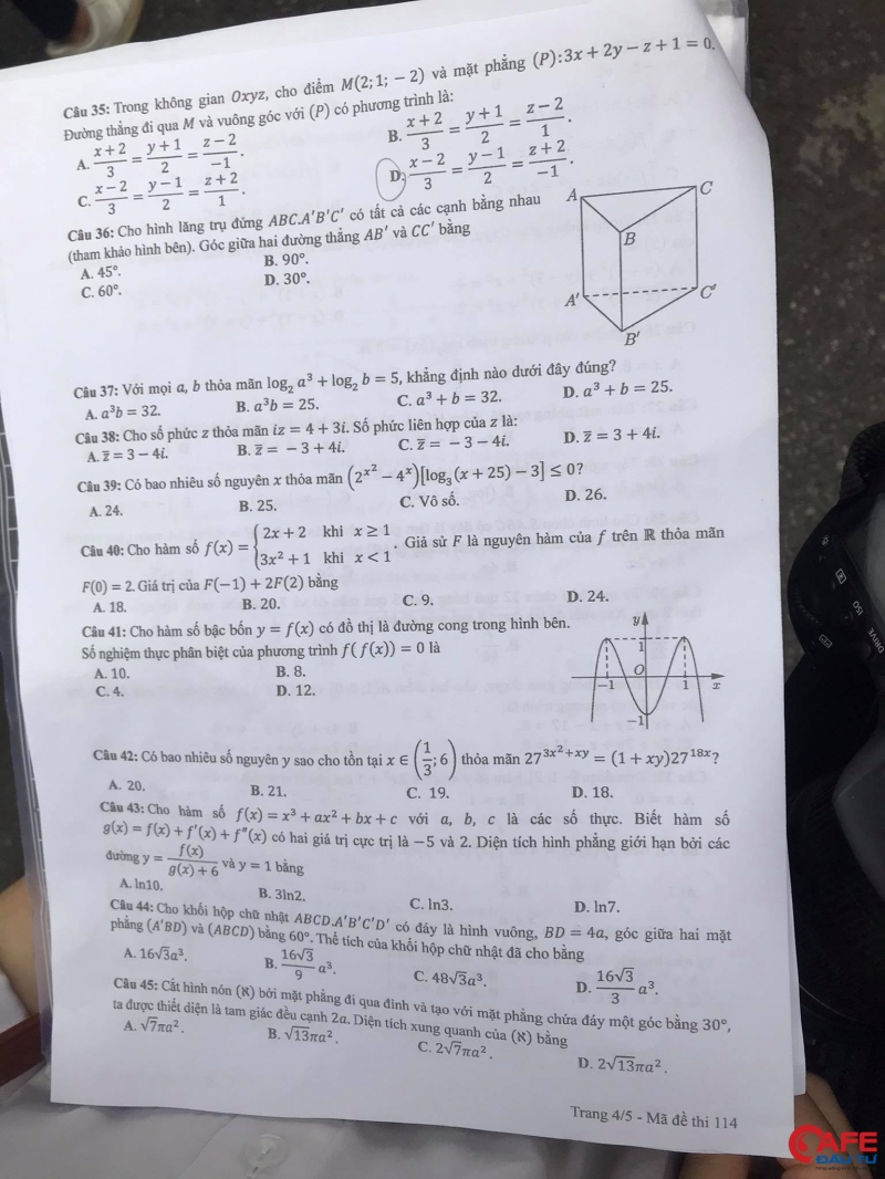 Đề thi và đáp án môn Toán THPT Quốc gia 2021 mã đề 114