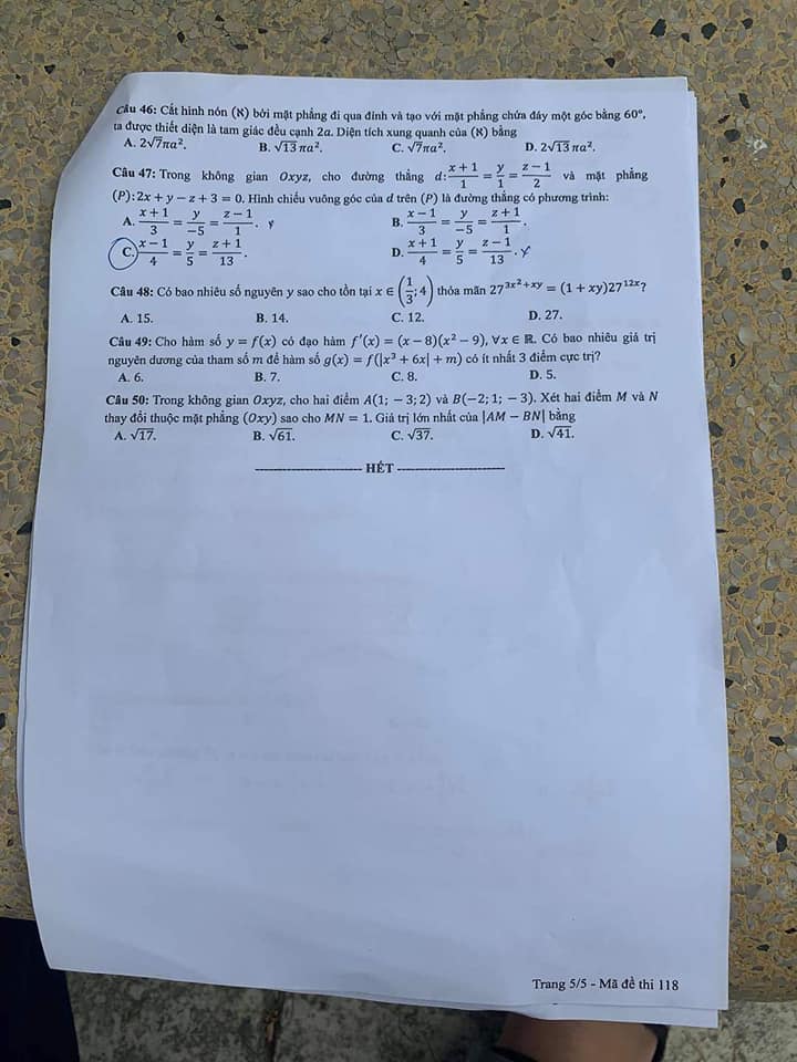 Đề thi môn Toán THPT Quốc gia 2021 mã đề 118