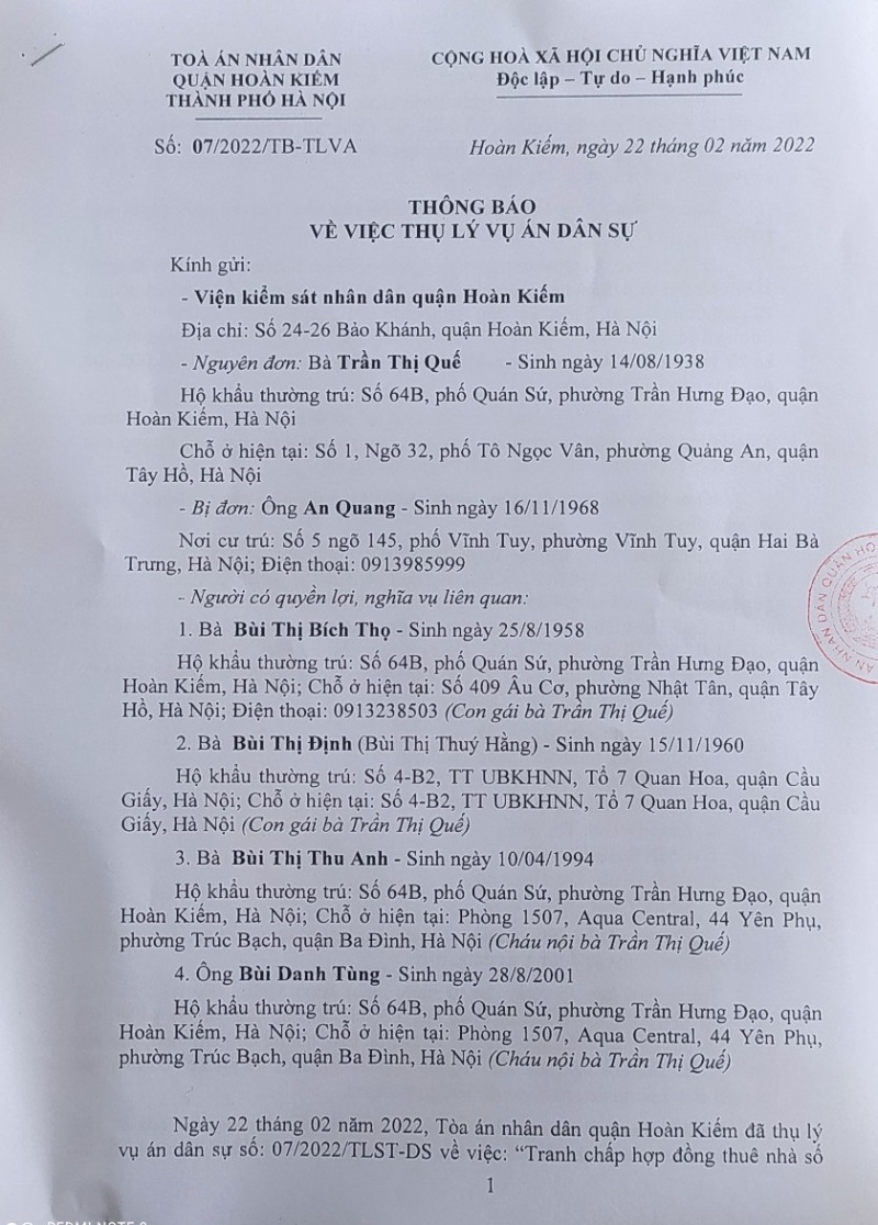 Thông báo thụ lý vụ án dân sự của TAND quận Hoàn Kiếm