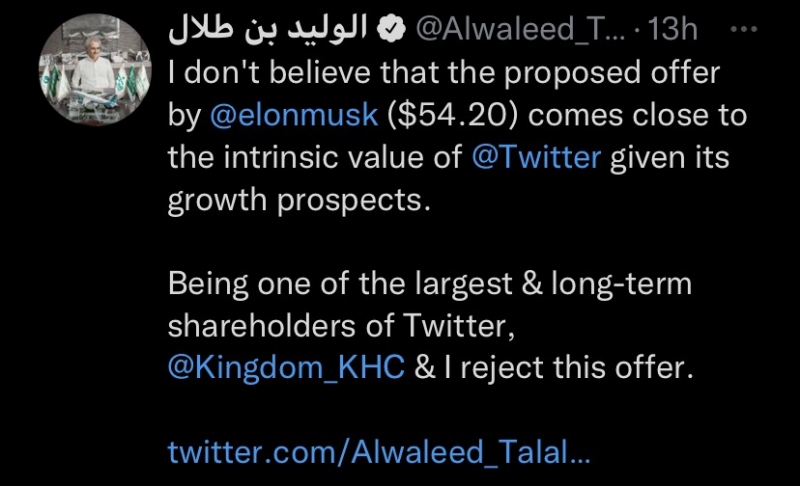 Dòng Tweet của Hoàng tử Alwaleed bin Talal trên Twitter