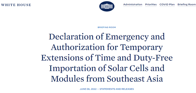 Thông báo về việc Mỹ miễn thuế nhập khẩu pin năng lượng mặt trời cho 4 nước Đông Nam Á trên Website của Nhà Trắng