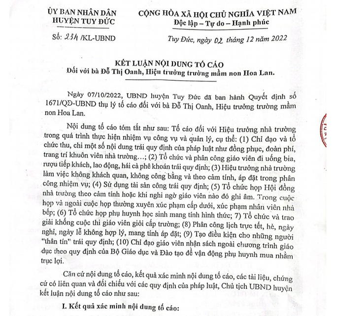 Các giáo viên cho rằng không đồng ý với kết luận nội dung tố cáo bà Đỗ Thị Oanh