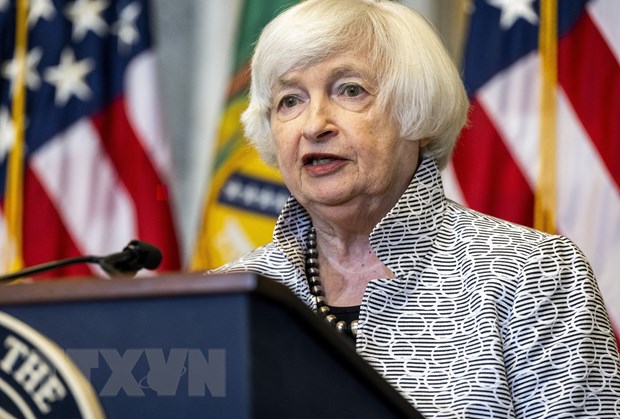 Bộ trưởng Tài chính Mỹ Janet Yellen phát biểu trong cuộc họp báo ở Washington, DC ngày 28/7/2022. (Ảnh: AFP/TTXVN)