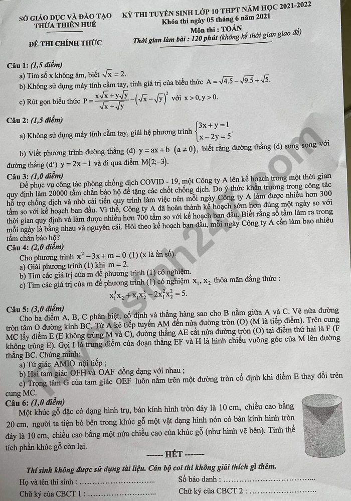 Đề thi vào lớp 10 môn Toán Thừa Thiên Huế năm 2021 - 2022