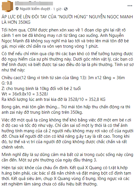 Tài khoản facebook có nickname K.T.L. đã đăng tải một bài viết về anh Nguyễn Ngọc Mạnh - người cứu sống cháu bé rơi từ tầng 13 xuống