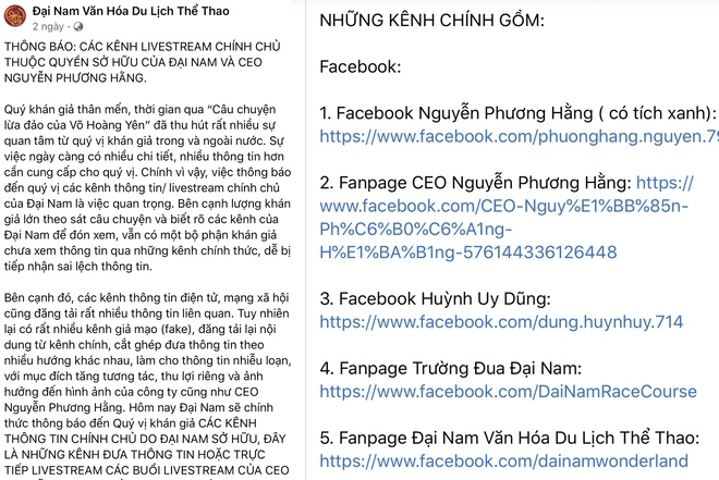 Thông báo chính thức của CEO Đại Nam về các trang chính thức của mình (Ảnh: Dân Việt)