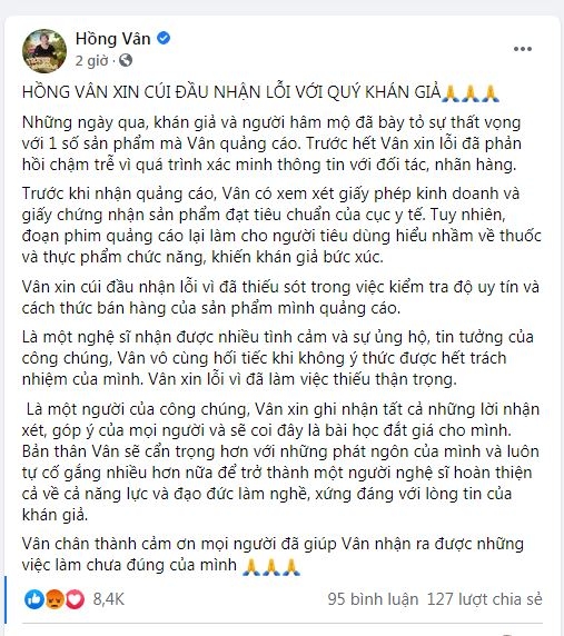 Bài đăng xin lỗi của NSND Hồng Vân vừa mới đây (Ảnh chụp màn hình)