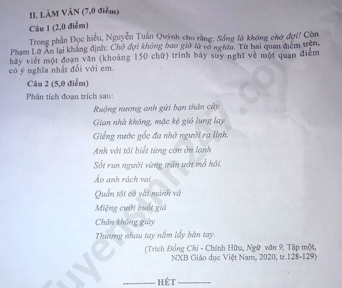 Đáp án đề thi vào lớp 10 môn Ngữ Văn Cần Thơ năm học 2021 - 2022