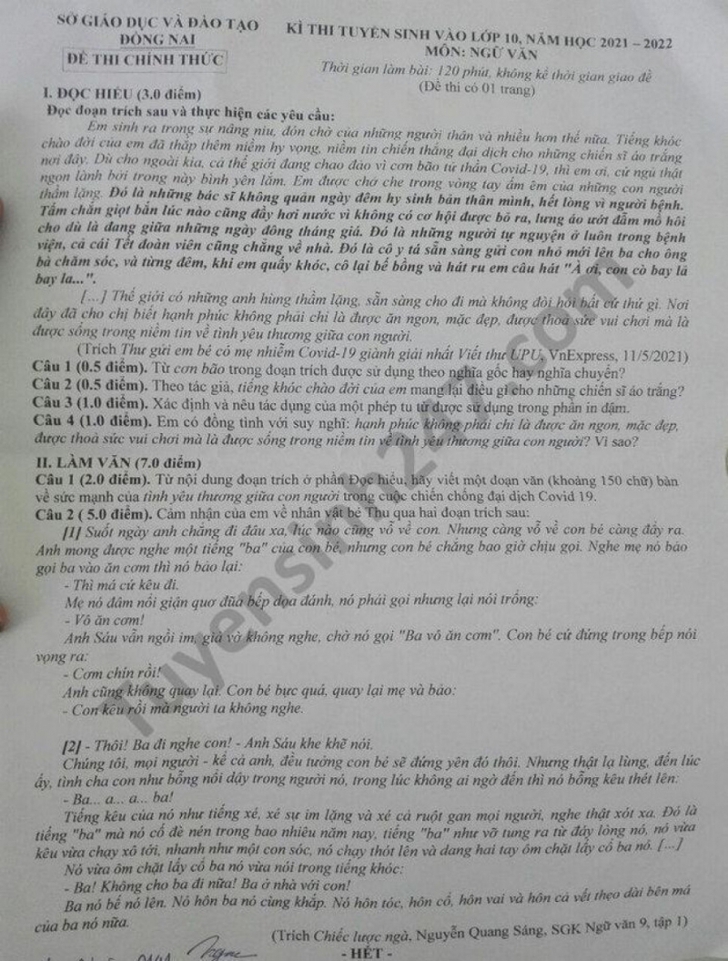 Đáp án đề thi vào lớp 10 môn Ngữ Văn Đồng Nai năm 2021 - 2022.
