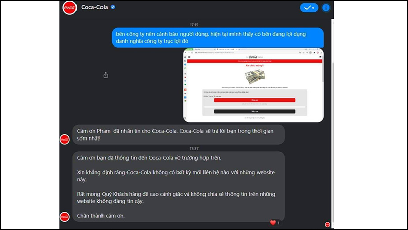 Coca-Cola lên tiếng phủ nhận liên quan trang đến trang web giả danh này