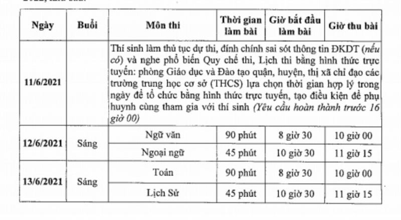 Lịch thi chính thức kỳ thi vào 10 năm học 2021-2022 tại Hà Nội