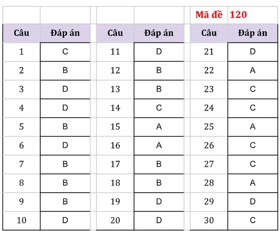 Đạp án đề thi Tiếng ANh (mã đề 120)