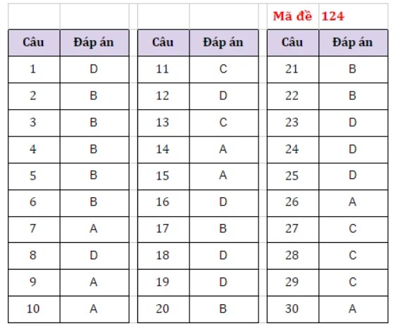 Đạp án đề thi Tiếng ANh (mã đề 124)