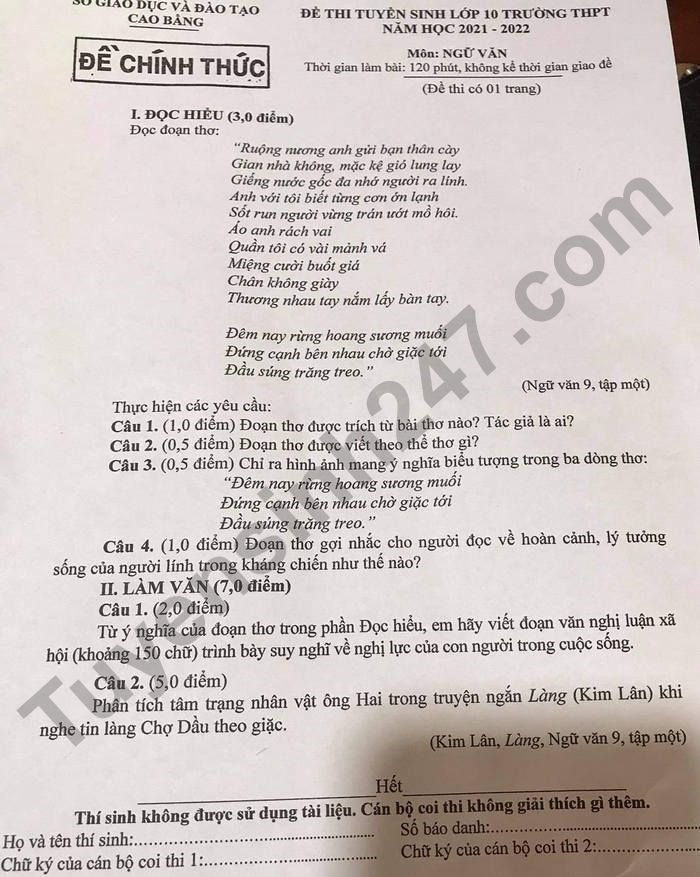 Đề thi và đáp án thi vào lớp 10 môn Ngữ văn năm 2021 tỉnh Cao Bằng 