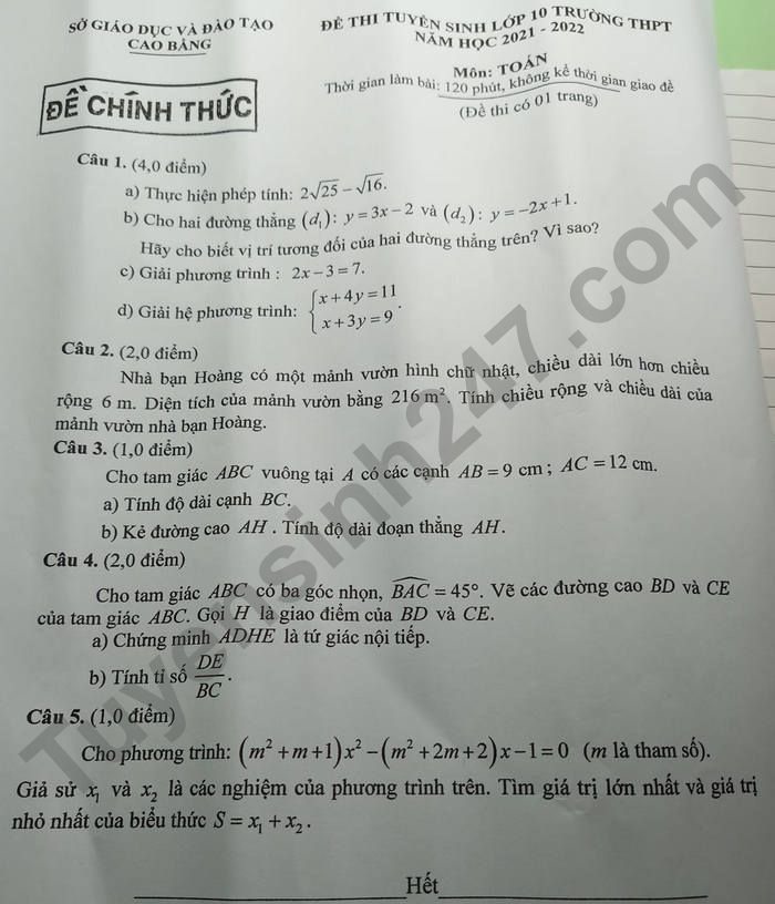 Đề thi và đáp án thi vào lớp 10 môn Toán năm 2021 tỉnh Cao Bằng