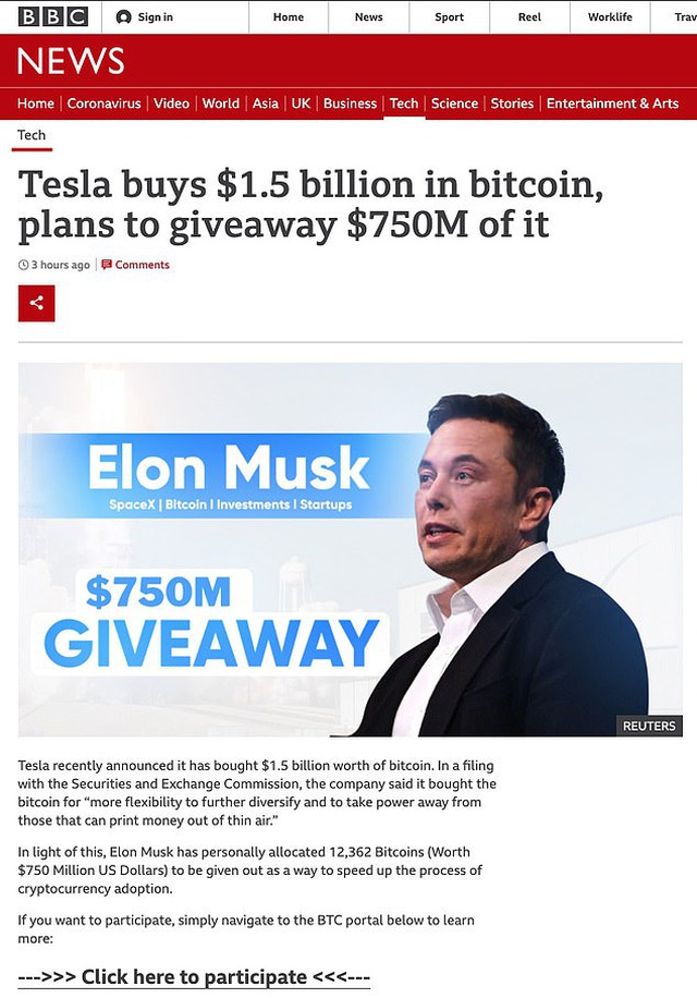 Trang web lừa đảo với giao diện giống tờ báo BBC News, mạo danh Elon Musk tặng Bitcoin cho các nhà đầu tư