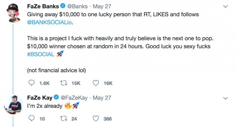 Dòng tweet quảng cáo BankSocial của FaZe Banks hiện đã bị xóa (Ảnh: Mashable)