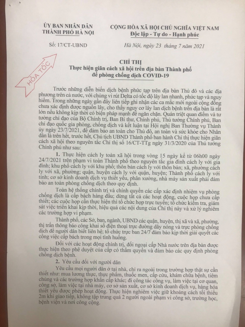 Quyết định mới nhất của thành phố Hà Nội được ban hành tối nay (23/7)