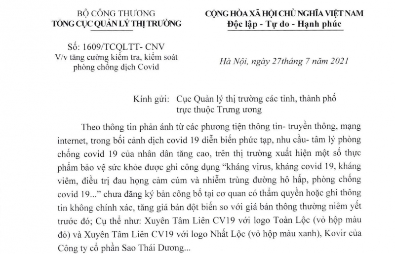 Công văn của Tổng cục QLTT