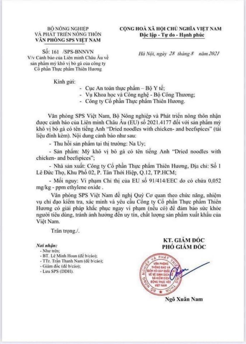 Liên minh châu Âu cảnh báo sản phẩm mỳ gói của Công ty Thiên Hương (Ảnh: VTC News)