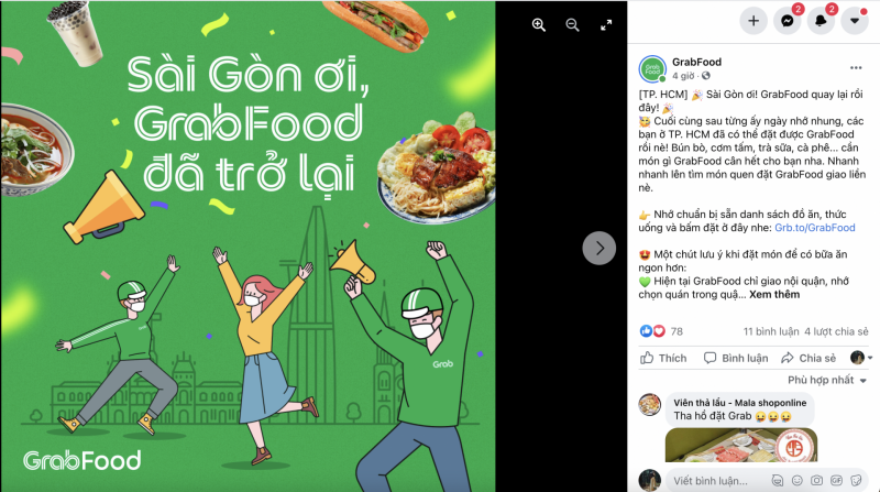 Grab cũng đã thông báo việc mở trở lại dịch vụ giao đồ ăn (GrabFood) nội quận bắt đầu từ ngày 9/9 (Ảnh chụp màn hình)