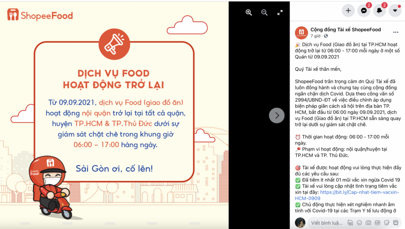 ShopeeFood thông báo giao đồ ăn nội quận TP. HCM và TP. Thủ Đức (Ảnh chụp màn hình)